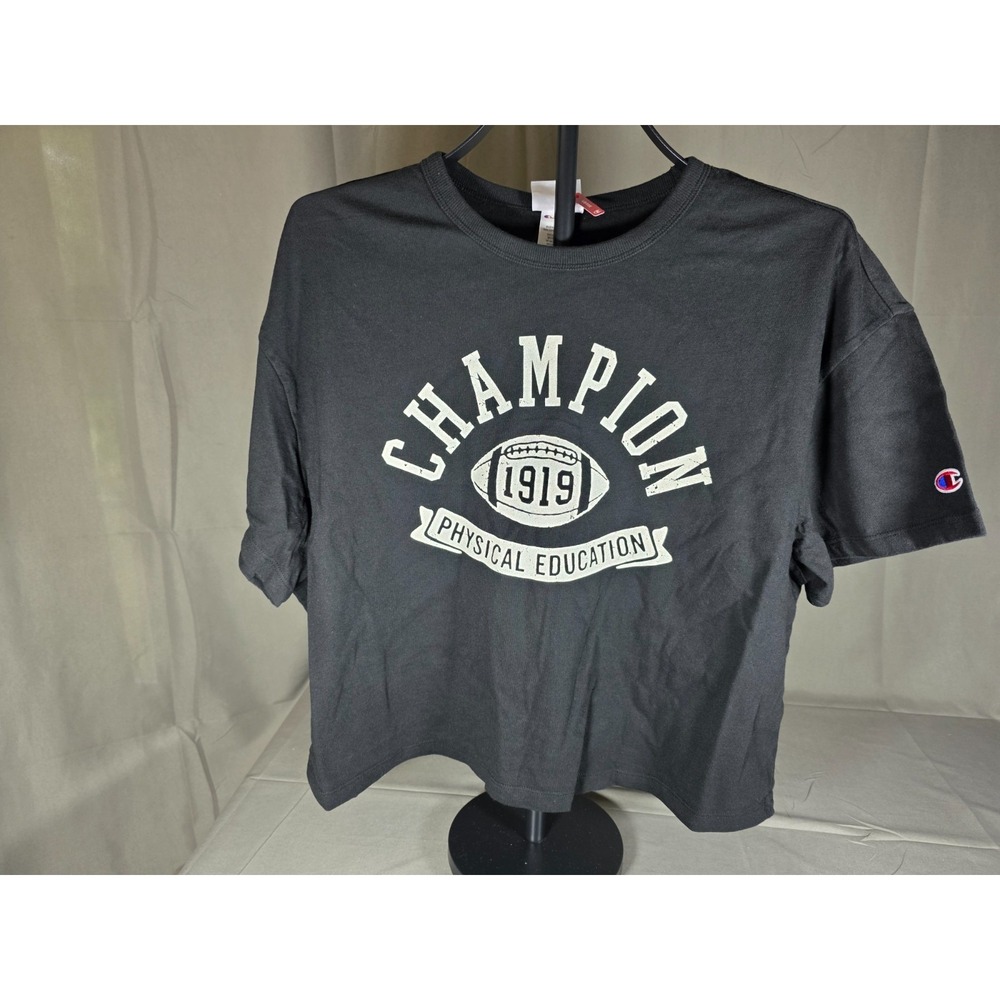 Champion Womens Rec Center Cropped‎ Tee Black Graphic T-Shirt Large